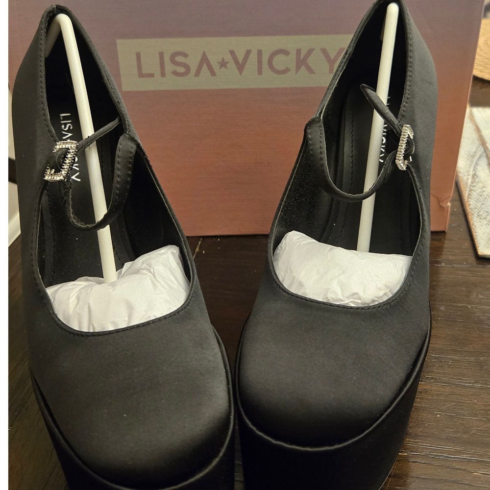 Lisa Vicky Vault V Black Satin Platform Heels Rhinestone Buckle Mary Jane 7.5